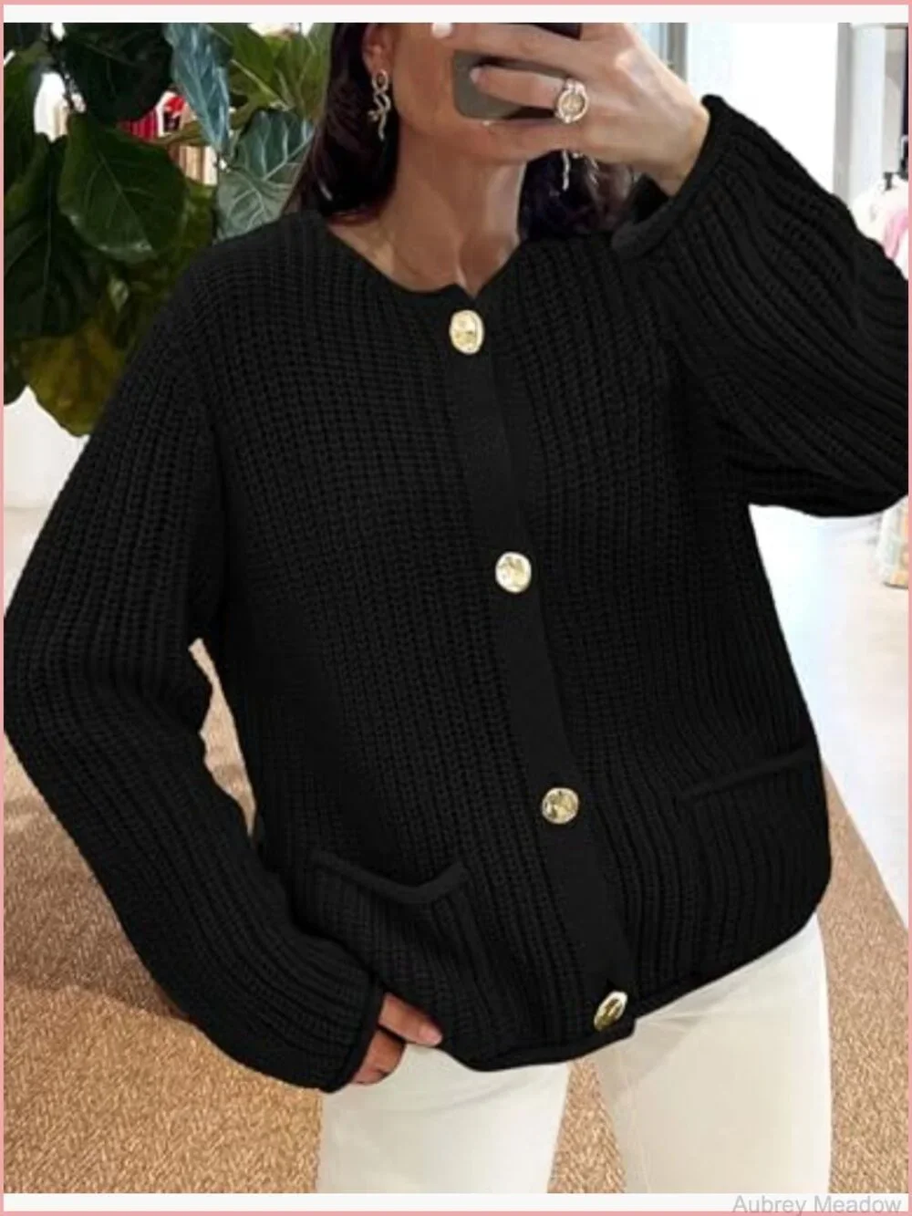 Oversized Chunky Knit Cardigan with Pockets Crewneck Button Up - Picture 2 of 7